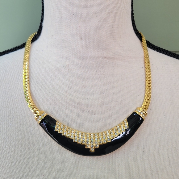 ParkLane Gold Tone Black Enamel and Rhinestone Necklace, Bib Choker, Herringbone - Picture 9 of 13